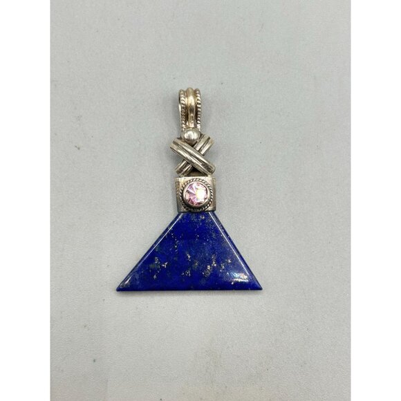 Triangle Blue Lapis Lazuli Sterling Silver Pendant with Pink Glass Stone - Picture 2 of 6